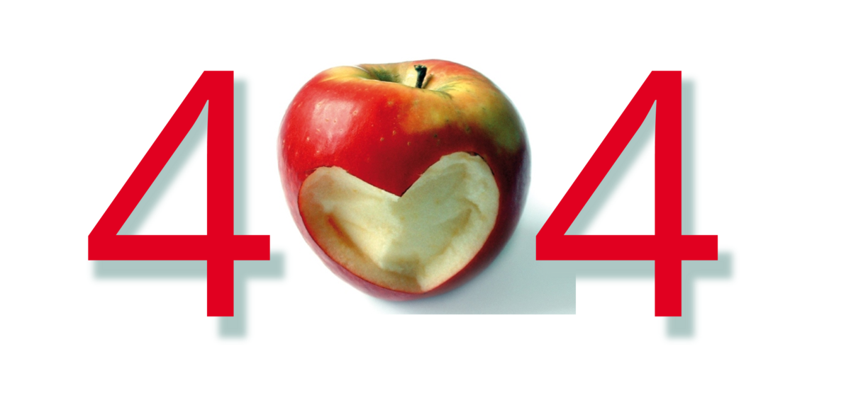 404 mit rotem Apfel mit Herz in der Mitte als Null